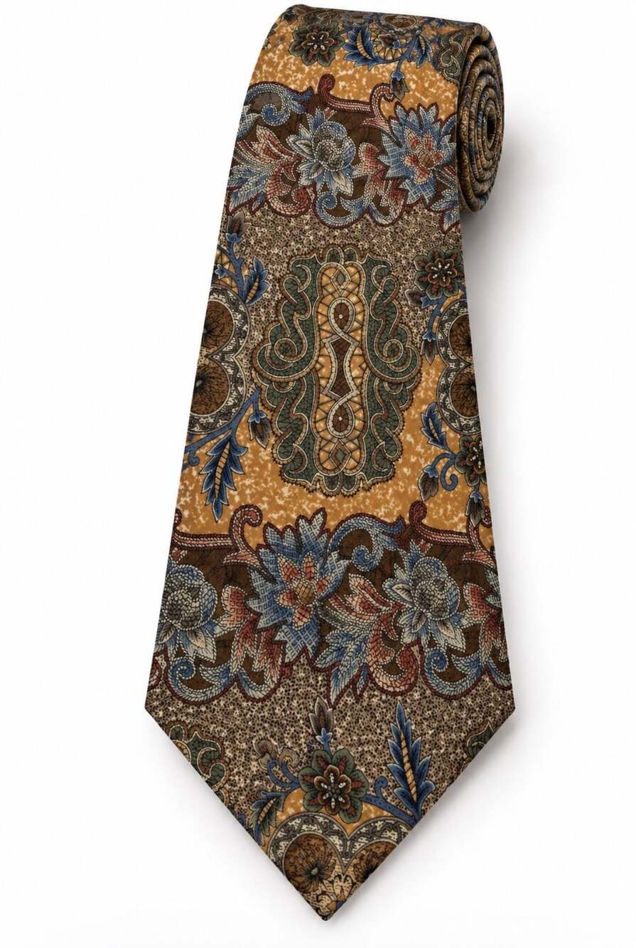 417 By Van Heusen Tie Gold Floral Pattern Silk Necktie